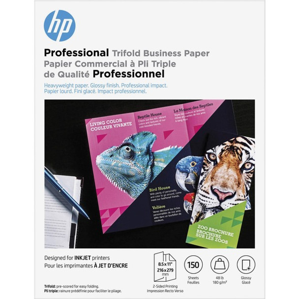 HP Professional Trifold Business Paper - White - Letter - 8 1/2" x 11" - 48 lb Basis Weight - 180 g/m&#178; Grammage - Glossy - 150 / Pack - White