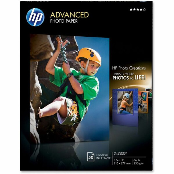 HP Advanced Glossy Photo Paper - Letter - 8 1/2" x 11" - 66 lb Basis Weight - Glossy - 50 / Pack - Water Resistant, Smear Resistant, Smudge Resistant, Quick Drying - White