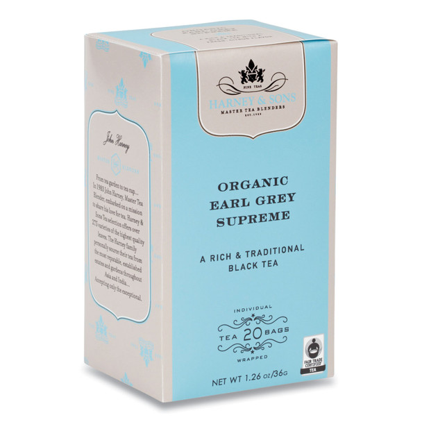 Premium Tea, Organic Earl Grey Supreme Black Tea, Individually Wrapped Tea Bags, 20/Box