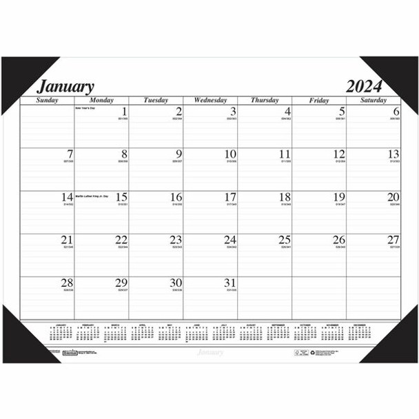 House of Doolittle Recycled Compact Size Economy Desk Pad - Monthly - 12 Month - January 2024 - December 2024 - 1 Month Single Page Layout - 18 1/2" x 13" Sheet Size - 2.31" x 1.75" Block - Desk Pad - White - 1 Each