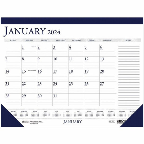 House of Doolittle Blue/Gray Print Monthly Desk Pad - Julian Dates - Monthly - 12 Month - January 2024 - December 2024 - 1 Month Single Page Layout - 22" x 17" Sheet Size - 2.37" x 1.87" Block - Desk Pad - Blue - Paper - 1 Each