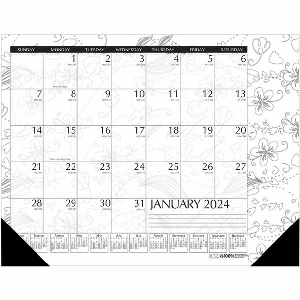 House of Doolittle Doodle Monthly Desk Pad - Julian Dates - Monthly - 12 Month - January 2024 - December 2024 - 1 Month Single Page Layout - Desk Pad - Black/White - 17" Height x 22" Width - Notes Area, Reference Calendar - 1 Each