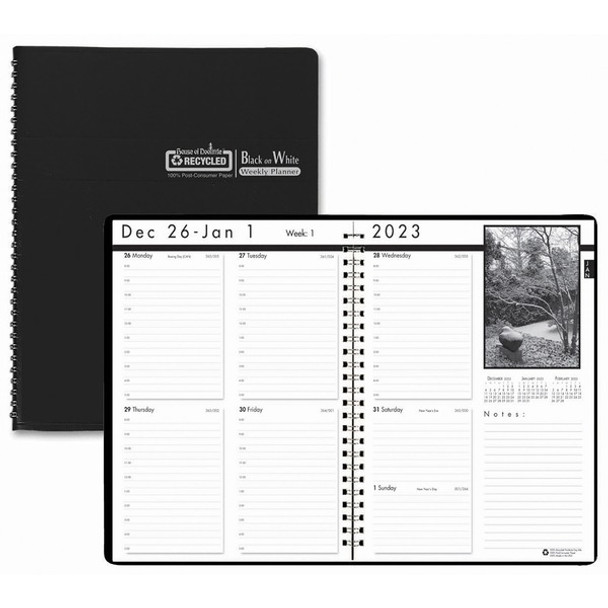 House of Doolittle Black on White Weekly Planner - Julian Dates - Weekly - 12 Month - January 2024 - December 2024 - 8:00 AM to 5:00 PM - Hourly - 1 Week Double Page Layout - 8 1/2" x 11" Sheet Size - Wire Bound - Paper - Black Cover - 1 Each