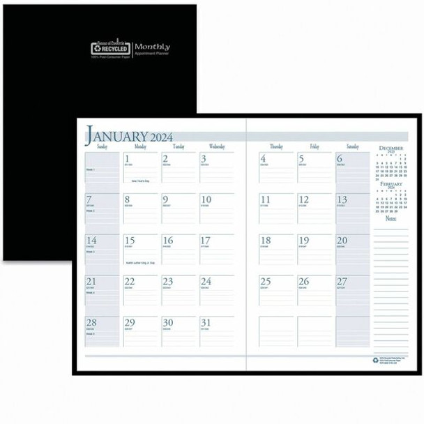 House of Doolittle Compact Economy Monthly Planner - Julian Dates - Monthly - 14 Month - December 2023 - January 2025 - 1 Month Double Page Layout - 10" x 7" Block - Sewn - Black - Leatherette - Black CoverNotes Area - 1 Each