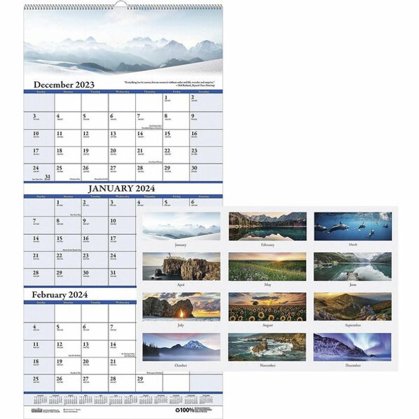 House of Doolittle Scenic 3-month Wall Calendar - Julian Dates - 14 Month - December 2023 - January 2025 - 3 Month Single Page Layout - 12 1/4" x 27" Sheet Size - 1.75" x 1.13" Block - Wire Bound - White - Paper - Full-Color Scenic Photos - 1 Each