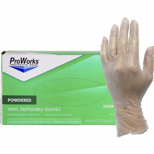 ProWorks Vinyl Powdered Industrial Gloves - Medium Size - Vinyl - Clear - Powdered, Non-sterile - For Industrial, General Purpose, Construction, Food Processing, Food Service, Hospitality - 100 / Box - 3 mil Thickness - 9" Glove Length