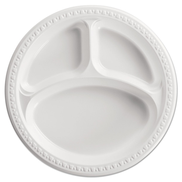 Heavyweight Plastic 3-Compartment Plates, 10.25" dia, White, 125/Pack, 4 Packs/Carton