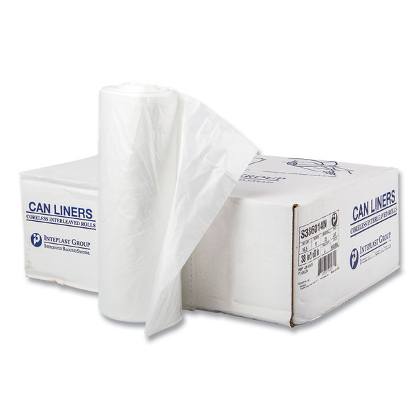High-Density Commercial Can Liners, 60 gal, 14 mic, 38" x 60", Clear, 25 Bags/Roll, 8 Interleaved Rolls/Carton
