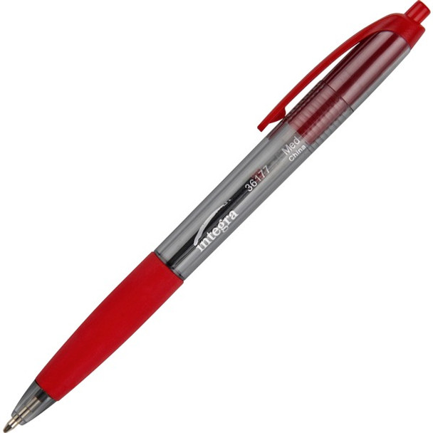 Integra Rubber Grip Retractable Pens - Medium Pen Point - 1 mm Pen Point Size - Retractable - Red - Red Barrel - 1 Dozen