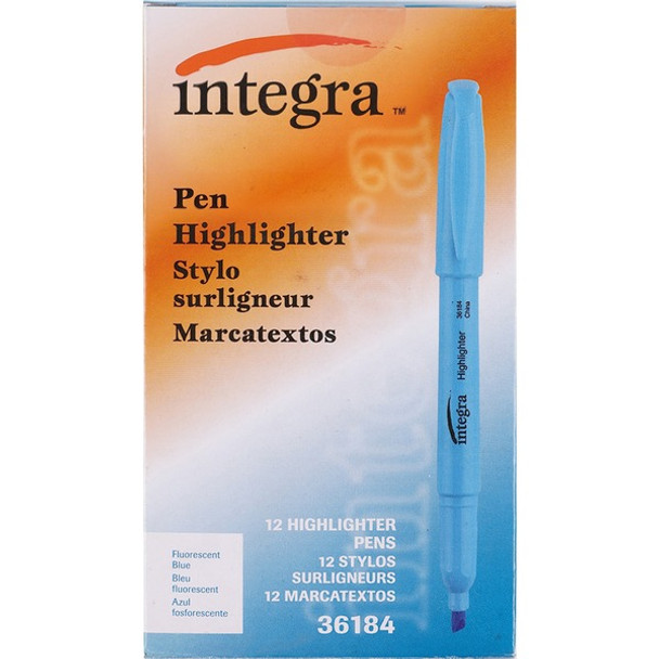 Integra Pen Style Fluorescent Highlighters - Chisel Marker Point Style - Fluorescent Blue - 1 Dozen