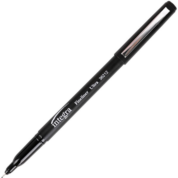 Integra Fineliner Ultra Fine Permanent Markers - Ultra Fine Marker Point - Black - 12 / Pack