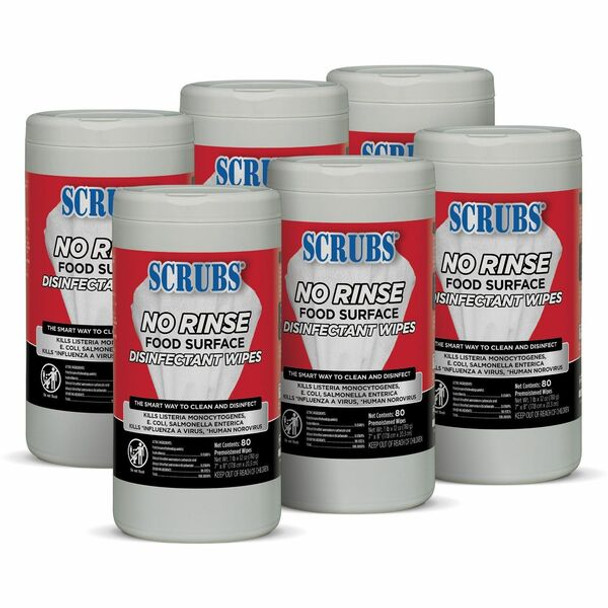 SCRUBS No Rinse Food Surface Disinfectant Wipes - Ready-To-Use - 80 / Can - 6 / Carton - Red
