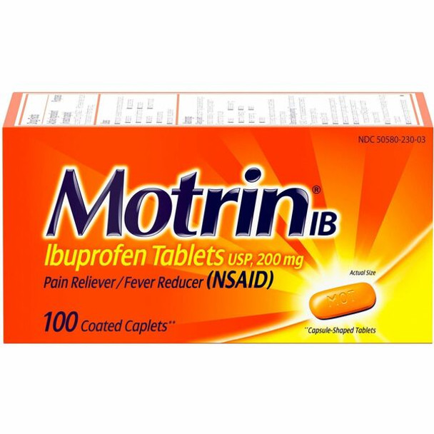 Motrin IB Ibuprofen Tablets - For Fever, Common Cold, Headache, Backache, Muscular Pain, Arthritis, Toothache - 100 / Box