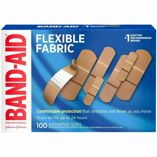 Band-Aid Flexible Fabric Adhesive Bandages - Assorted Sizes - 100/Box - Beige - Fabric