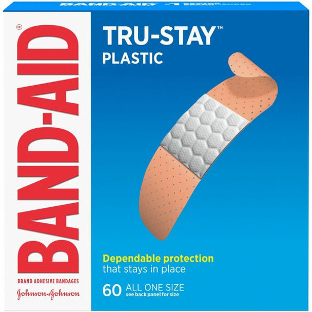 Band-Aid Tru-Stay Plastic Strips Adhesive Bandages - 0.75" - 60/Box - Tan