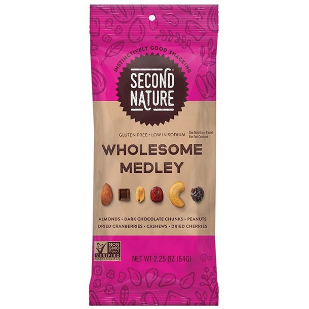 Second Nature Wholesome Medley Trail Mix - Low Sodium, Gluten-free, No Artificial Color, Preservative-free, No Artificial Flavor, Trans Fat Free - Almond, Cashew, Peanut, Cherry, Dried Cranberries, Dark Chocolate, Dried Cherries - 2.25 oz - 1 Box