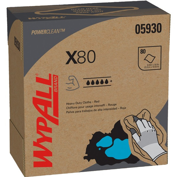 Wypall Power Clean X80 Heavy Duty Cloths - 16.80" Length x 8.34" Width - 80 / Box - 5 / Carton - Absorbent, Durable - Red