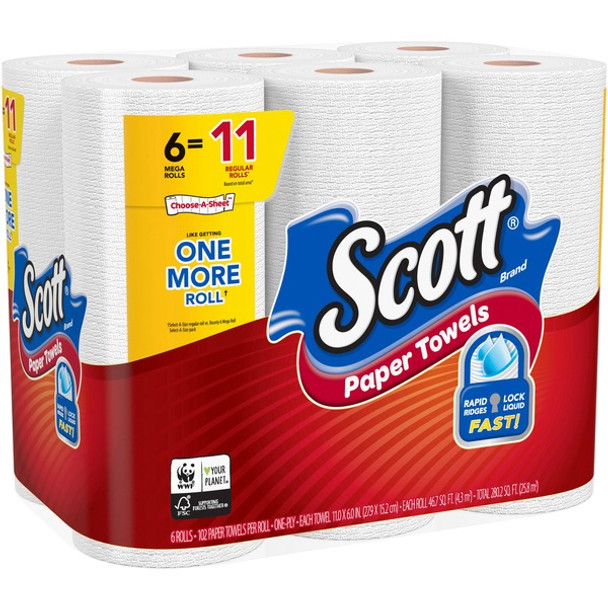 Scott Choose-A-Sheet Paper Towels - Mega Rolls - 1 Ply - 102 Sheets/Roll - White - Paper - Absorbent, Streak-free, Quick Drying, Perforated - For Home, Office, School - 102 - 24 / Carton