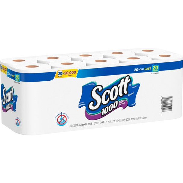 Scott Toilet Paper - 1 Ply - 1000 Sheets/Roll - White - Paper - Septic Safe, Long Lasting - For Bathroom, Toilet, Hand - 20 / Pack