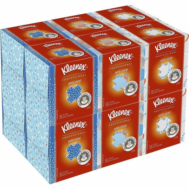 Kleenex Professional Anti-Viral Facial Tissue - 3 Ply - 8.20" x 8.20" - White - Paper - Anti-viral, Soft, Pre-moistened - For Dental Clinic, Face, School, Office, Restaurant, Medical - 55 Per Box - 12 / Carton