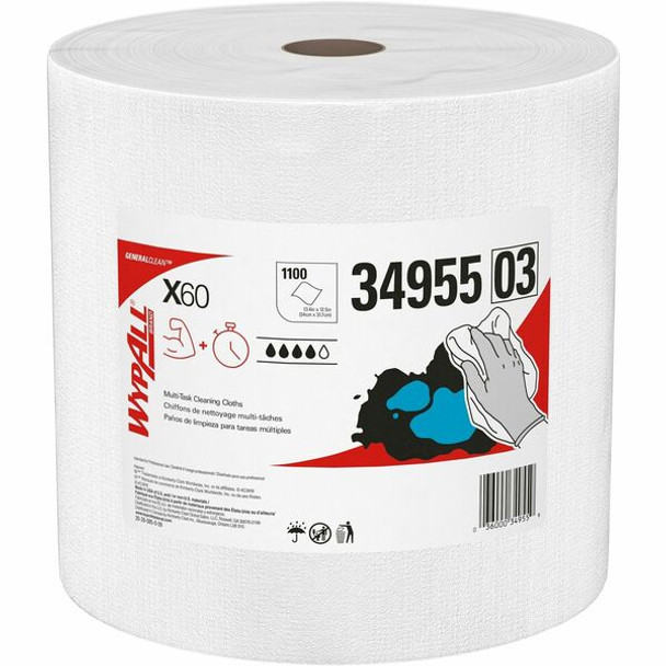 Wypall GeneralClean X60 Multi-Task Cleaning Cloth Jumbo Roll - 12.20" Length x 12.40" Width - 1100 / Roll - White