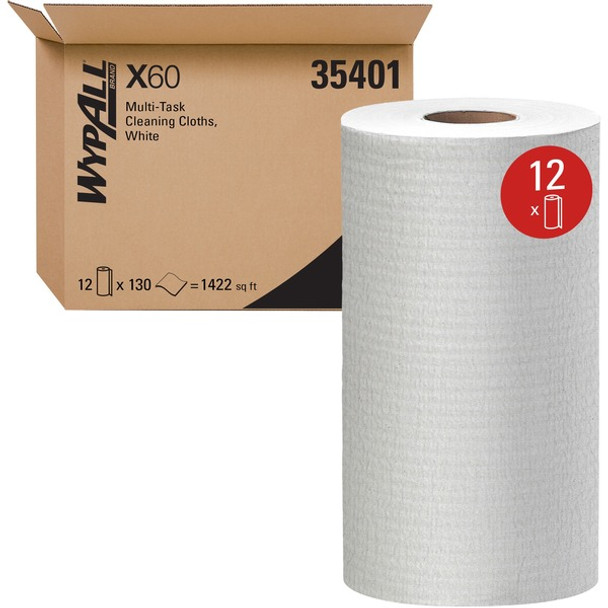Wypall General Clean X60 Multi-Task Cleaning Cloths - 9.80" x 12.20" - 130 Sheets/Roll - 1560 Sheets - White - Absorbent, Residue-free, Reinforced, Perforated, Sturdy, Disposable, Easy Tear, Lightweight - For General Purpose - 12 / Carton