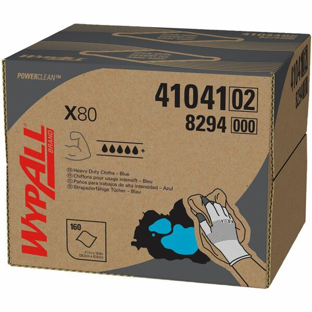 Wypall PowerClean X80 Heavy Duty Cloths - Brag Box - 11.10" x 16.80" - Blue - Absorbent - 160 Per Carton - 1 / Box