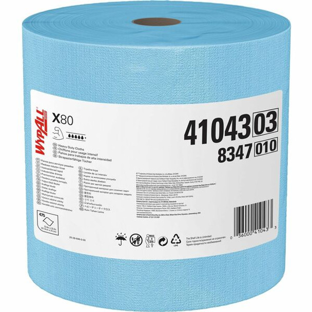 Wypall PowerClean X80 Heavy Duty Cloths Jumbo Roll - 12.50" x 12.20" - 475 Sheets/Roll - Blue - Cloth - Reusable, Eco-friendly, Absorbent, Durable - For Industry - 1 Each