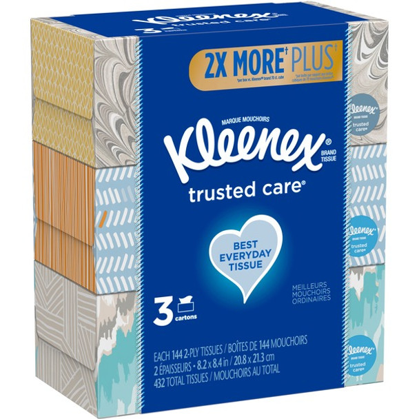 Kleenex Trusted Care Facial Tissues - 2 Ply - 8.20" x 8.40" - White - Soft, Strong, Absorbent, Durable - For Home, Office, School - 144 Per Box - 3 / Pack