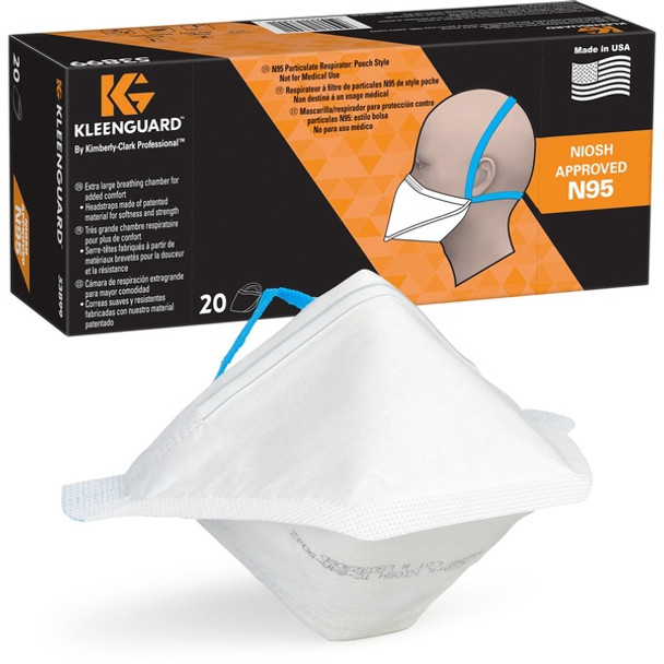 Kleenguard N95 Pouch Respirator - Recommended for: Face - Regular Size - Airborne Particle Protection - White - Comfortable, Breathable, Adjustable Nose-piece, Lightweight, Foldable, Head Strap, Particle Filtration Efficiency (PFE) - 20 / Pack