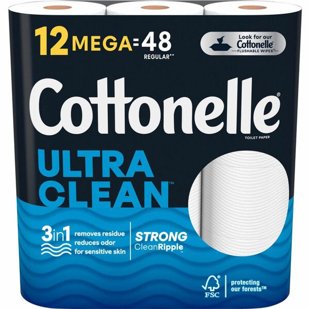 Cottonelle CleanCare Bath Tissue - 312 Sheets/Roll - White - Fiber - Strong, Thick, Soft, Sewer-safe, Septic Safe, Flushable, Clog Safe, Hypoallergenic, Biodegradable, Textured - For Bathroom, Toilet - 12 / Pack