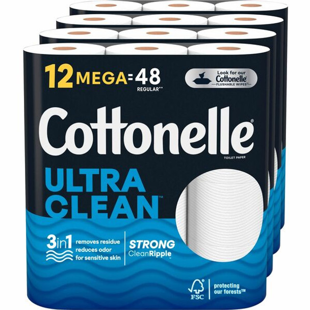 Cottonelle CleanCare Bath Tissue - 312 Sheets/Roll - White - Fiber - Strong, Thick, Soft, Sewer-safe, Septic Safe, Flushable, Clog Safe, Hypoallergenic, Biodegradable, Textured - For Bathroom, Toilet - 12 Rolls Per Pack - 4 / Carton