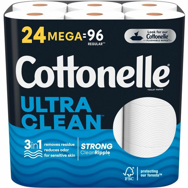 Cottonelle Ultra Clean Toilet Paper - 1 Ply - 312 Sheets/Roll - White - Fiber - Flushable, Clog Safe, Sewer-safe, Septic Safe, Chemical-free, Dye-free, Thick, Absorbent, Fragrance-free, Paraben-free - For Toilet - 24 / Pack