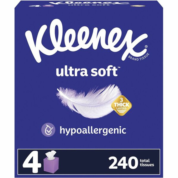 Kleenex Ultra Soft Tissues - 3 Ply - White - Soft, Strong, Fragrance-free - For Home, Office, Business, Face - 60 Per Box - 4 / Pack