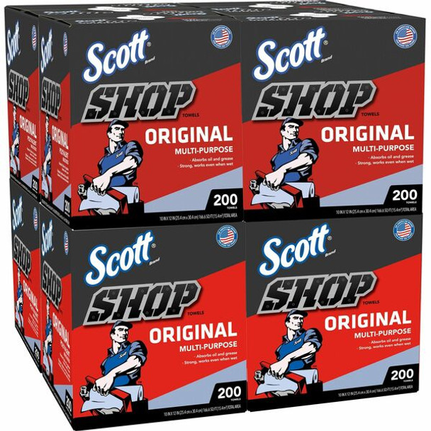 Scott Original Shop Towels - For Window, Garage - 12" Length x 9" Width - 200 / Box - 8 / Carton - Absorbent, Strong - Blue