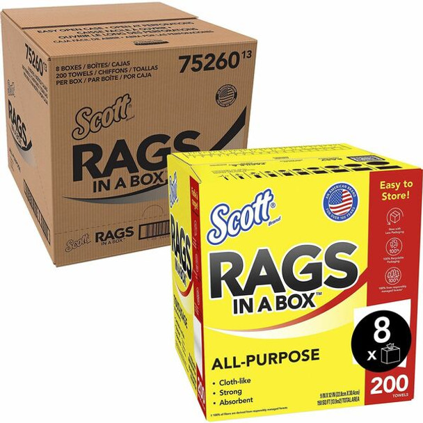 Scott Rags In A Box&trade; - 13" Length x 10" Width - 200 / Box - 8 / Carton - Soft, Strong, Lint-free, Absorbent - White