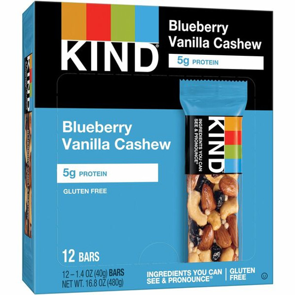 KIND Blueberry Vanilla Cashew Nut Bars - Trans Fat Free, High-fiber, Low Sodium, Dairy-free, Gluten-free, Peanut-free - Blueberry Vanilla Cashew - 1.41 oz - 12 / Box