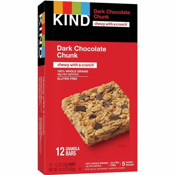 KIND Dark Chocolate Chunk Healthy Grains Bars - Cholesterol-free, Non-GMO, Individually Wrapped, Trans Fat Free, Gluten-free, Low Sodium - Dark Chocolate Chunk - 1.20 oz - 15 / Carton