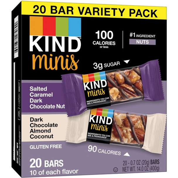 KIND Minis Dark Chocolate Nut Bars Variety - Trans Fat Free, Gluten-free, Low Glycemic, Low Sodium - Salted Caramel Dark Chocolate Nut, Dark Chocolate Almond Coconut - 0.70 oz - 20 / Pack