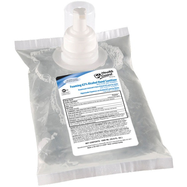 Health Guard Hand Sanitizer Foam - Alcohol Scent - 33.8 fl oz (1000 mL) - Kill Germs - Multipurpose, Hand - Moisturizing - Clear - Fast Acting, Dye-free, Fragrance-free, No Rinse - 6 / Carton
