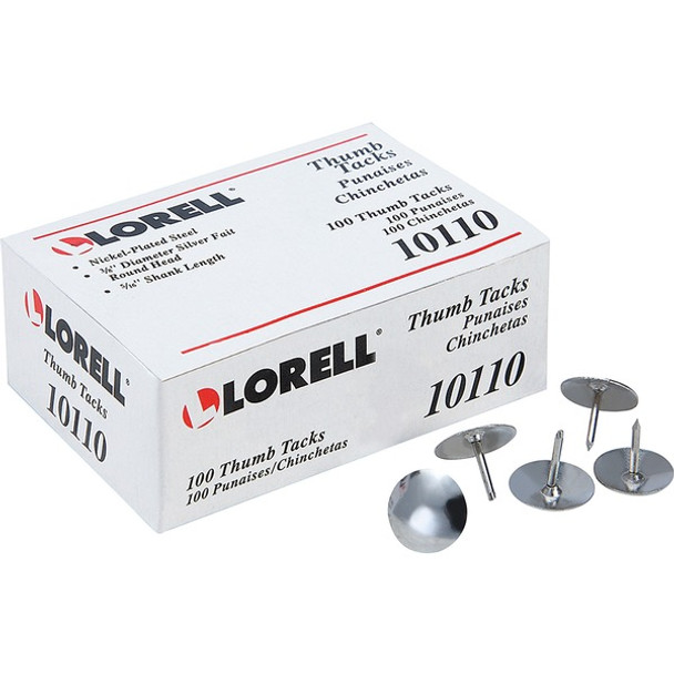 Lorell 5/16" Steel Thumb Tacks - 0.31" Shank - 0.38" Head - for Schedule, Wall - 100 / Pack - Silver - Nickel Plated Steel