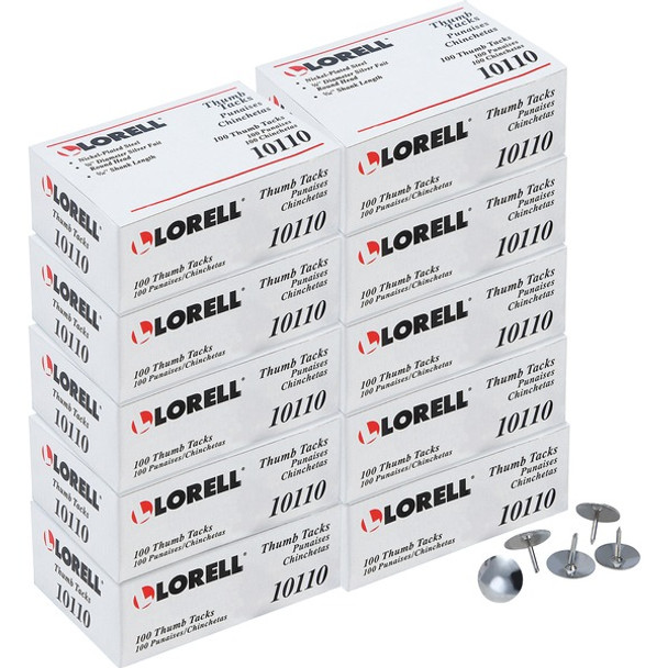 Lorell 5/16" Steel Thumb Tacks - 0.31" Shank - 0.38" Head - for Schedule, Wall - 1000 / Box - Silver - Nickel Plated Steel