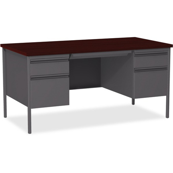 Lorell Fortress Series Double-Pedestal Desk - For - Table TopRectangle Top x 60" Table Top Width x 30" Table Top Depth x 1.12" Table Top Thickness - 29.50" Height - Assembly Required - Laminated, Mahogany - Steel - 1 Each