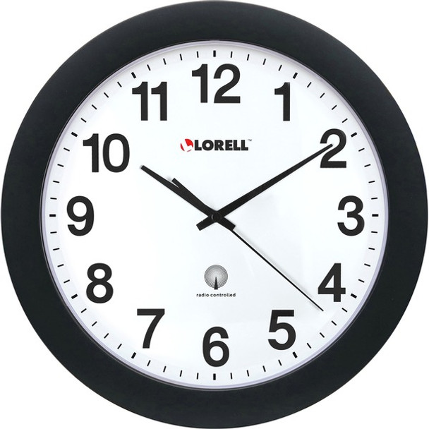 Lorell 12" Round Radio Controlled Wall Clock - Analog - Quartz - White Main Dial - Black/Plastic Case