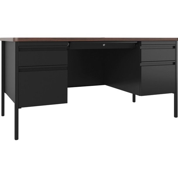 Lorell Fortress Series Walnut Top Teacher's Desk - 60" x 30"29.5" - Box, File Drawer(s) - Double Pedestal - T-mold Edge - Finish: Black Walnut