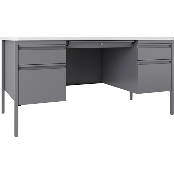 Lorell Fortress Series Teachers Desk - 60" x 30"29.5" - Double Pedestal - T-mold Edge - Material: Steel - Finish: Gray