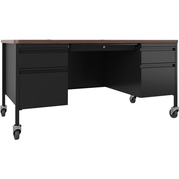 Lorell Fortress Series Walnut Top Teacher's Desk - 60" x 30"29.5" - Box, File Drawer(s) - Double Pedestal - T-mold Edge