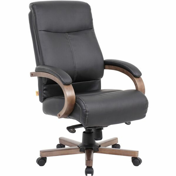 Lorell Wood Base Leather High-back Executive Chair - Black Leather Seat - Black Leather Back - High Back - Armrest - 1 Each