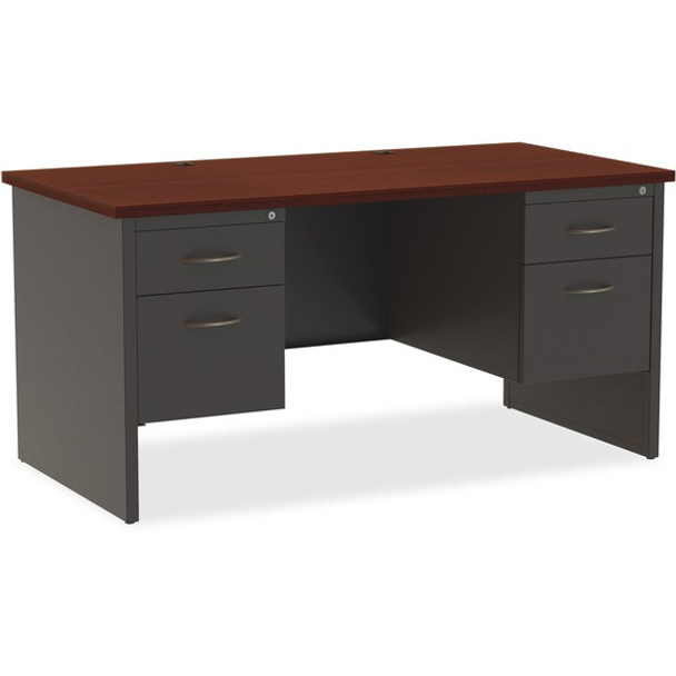Lorell Mahogany Laminate/Charcoal Modular Desk Series Pedestal Desk - 2-Drawer - 60" x 30" , 1.1" Top - 2 x Box, File Drawer(s) - Double Pedestal - Material: Steel - Finish: Mahogany Laminate, Charcoal