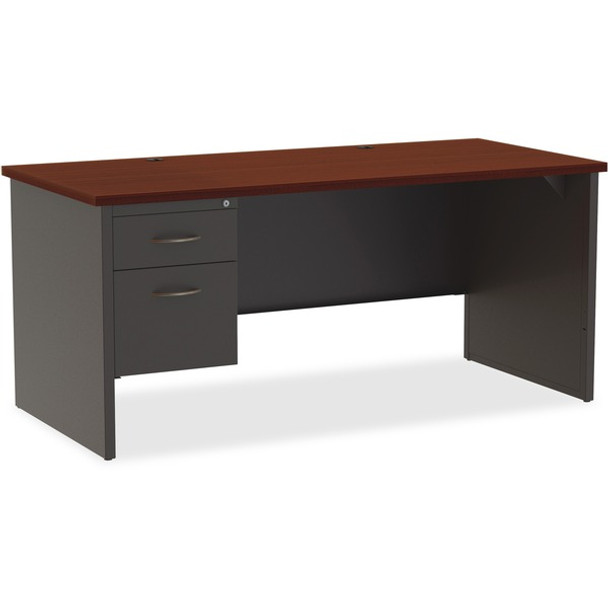 Lorell Mahogany Laminate/Charcoal Modular Desk Series Pedestal Desk - 2-Drawer - 66" x 30" , 1.1" Top - 2 x Box, File Drawer(s) - Single Pedestal on Left Side - Material: Steel - Finish: Mahogany Laminate, Charcoal
